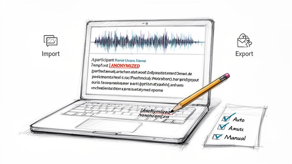 A sketch of a laptop showing data anonymization with a waveform, import, export, and processing options.