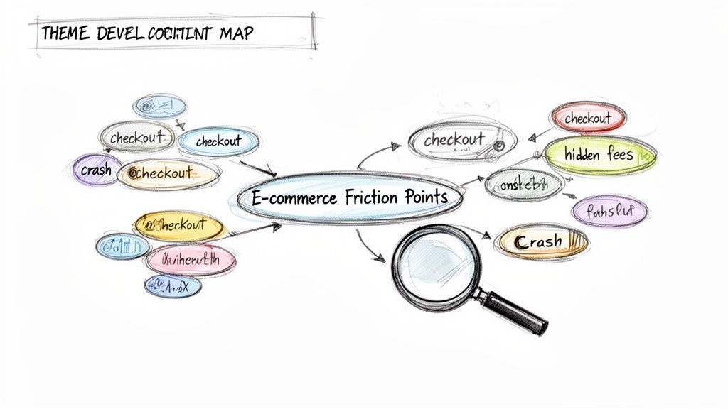 A hand-drawn mind map illustrating e-commerce friction points, including checkout problems, crashes, and hidden fees.