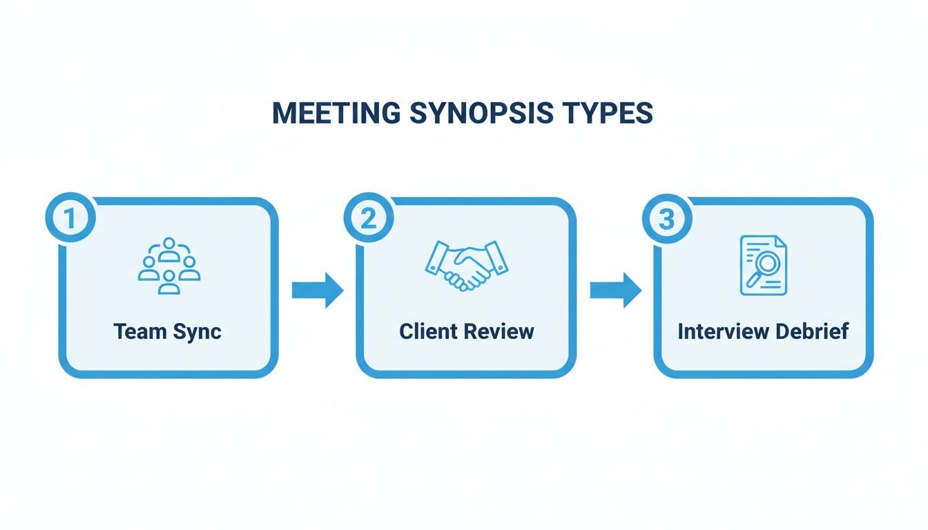 Infographic showing three types of meeting synopses: Team Sync, Client Review, and Interview Debrief.