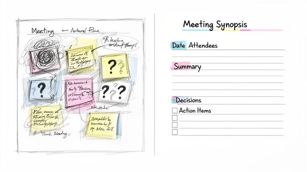 A meeting synopsis template with sections for notes, decisions, and action items, beside a hand-drawn sketch.