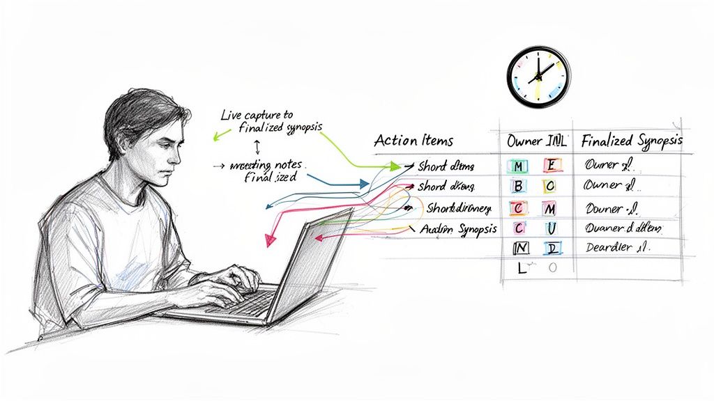 Hand-drawn image of a person using a laptop to process meeting notes into action items and a finalized synopsis.