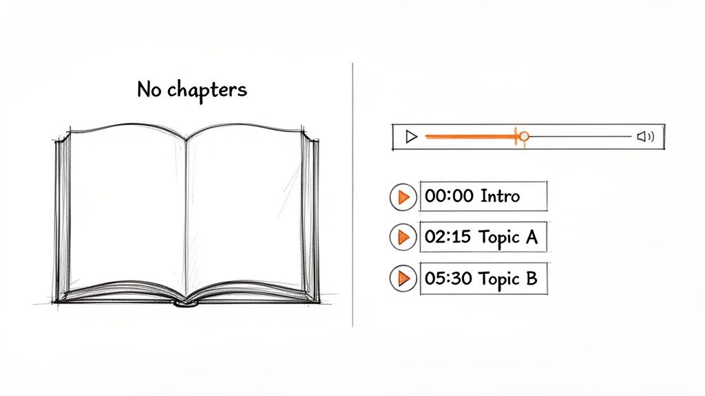 A sketch comparing an open book with "No chapters" to a video player showing timestamped segments.