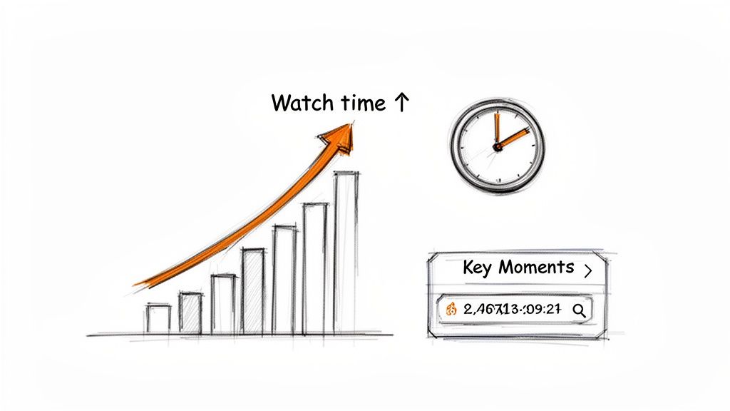 Hand-drawn chart showing increased watch time, a clock, and a video key moments timestamp search bar.