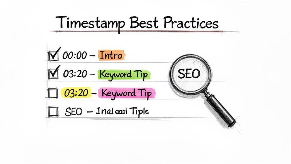 A sketch illustrating 'Timestamp Best Practices' with a checklist, timecodes, topics, and an SEO magnifying glass.