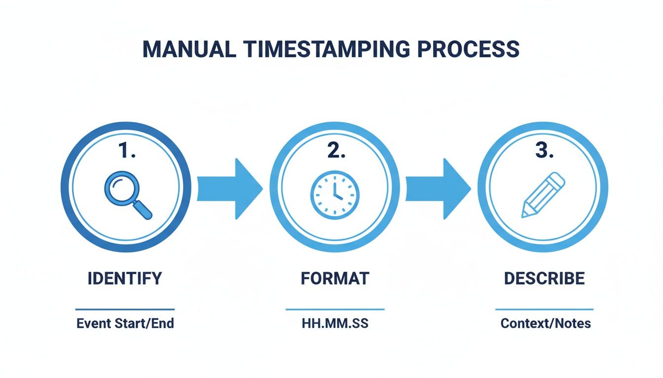 Infographic illustrating the 3-step manual timestamping process: identify, format time, and describe events.