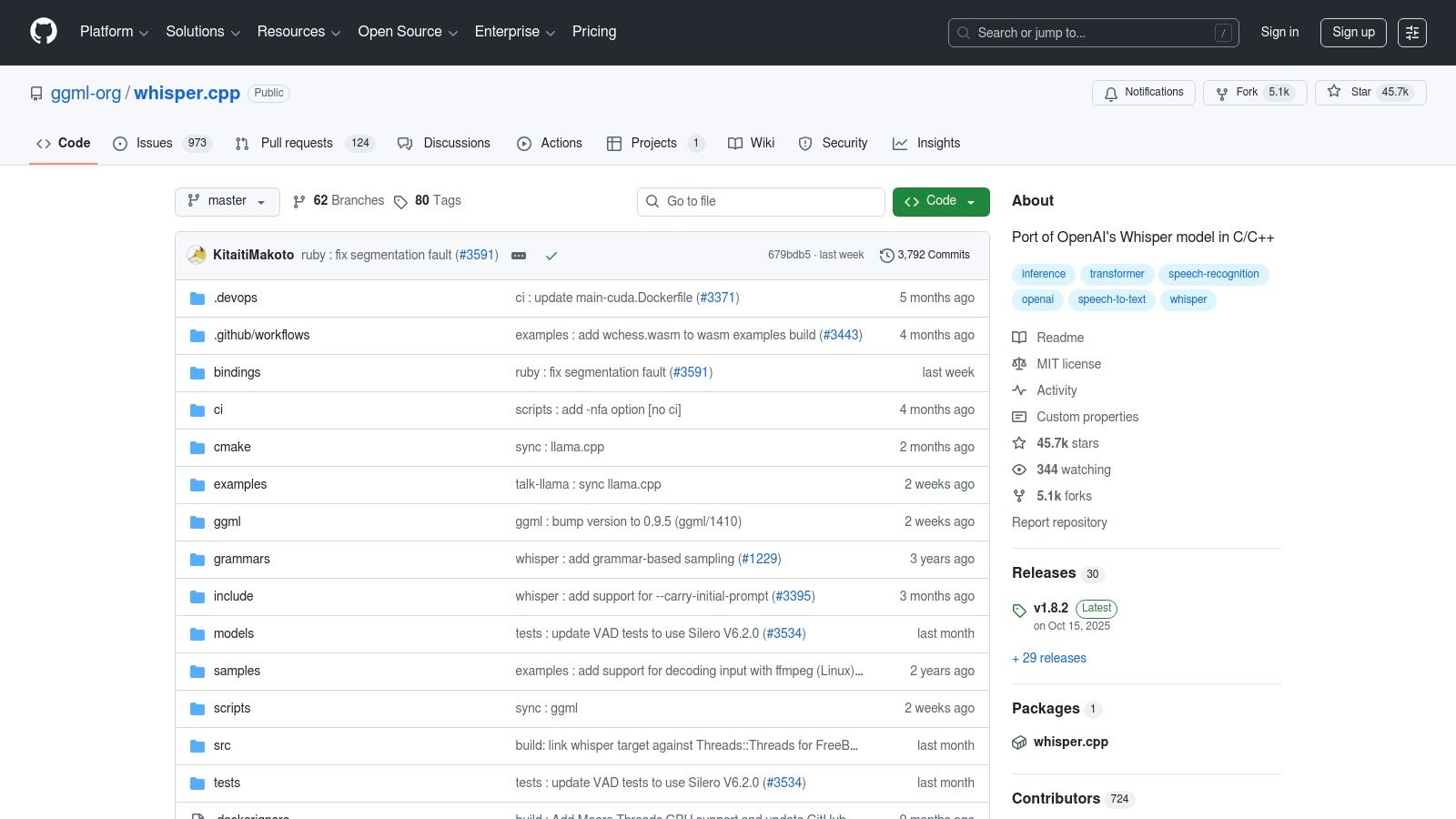 A screenshot of the whisper.cpp GitHub repository page