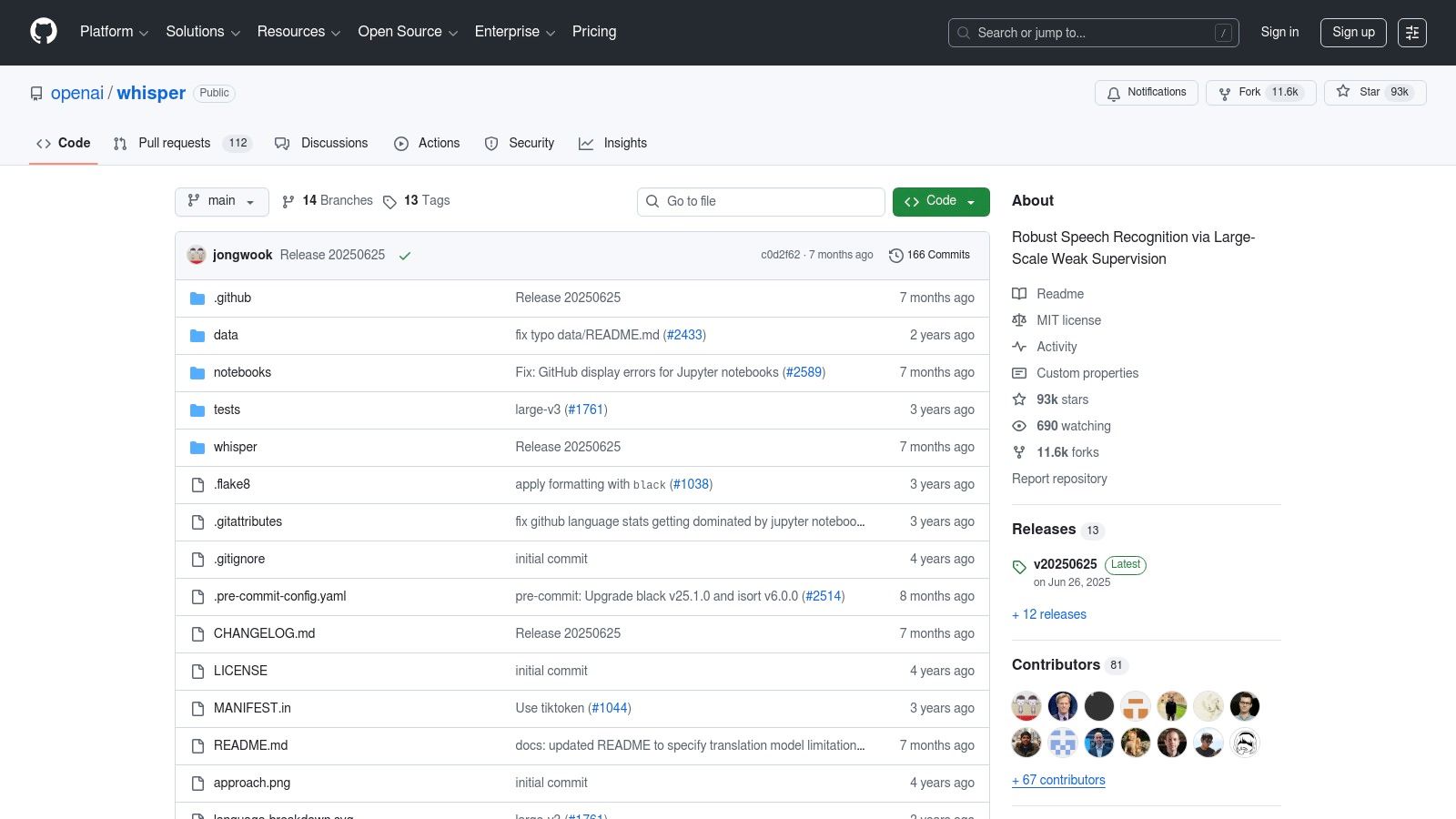 OpenAI Whisper GitHub project page showing its code and documentation
