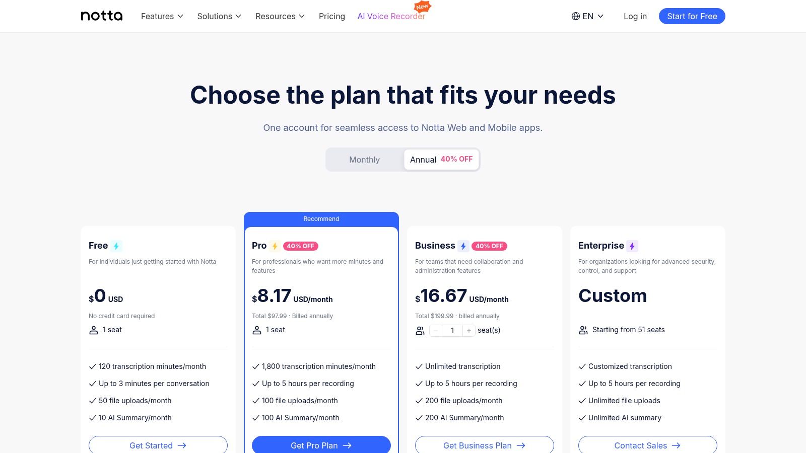 Notta pricing plans showing its free and paid tiers