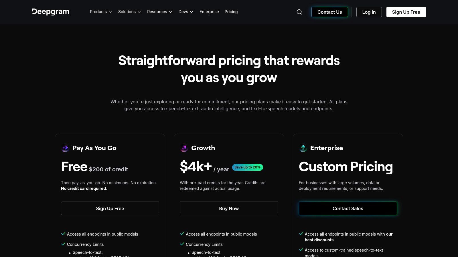 Deepgram pricing tiers showing its pay-as-you-go model and free credits