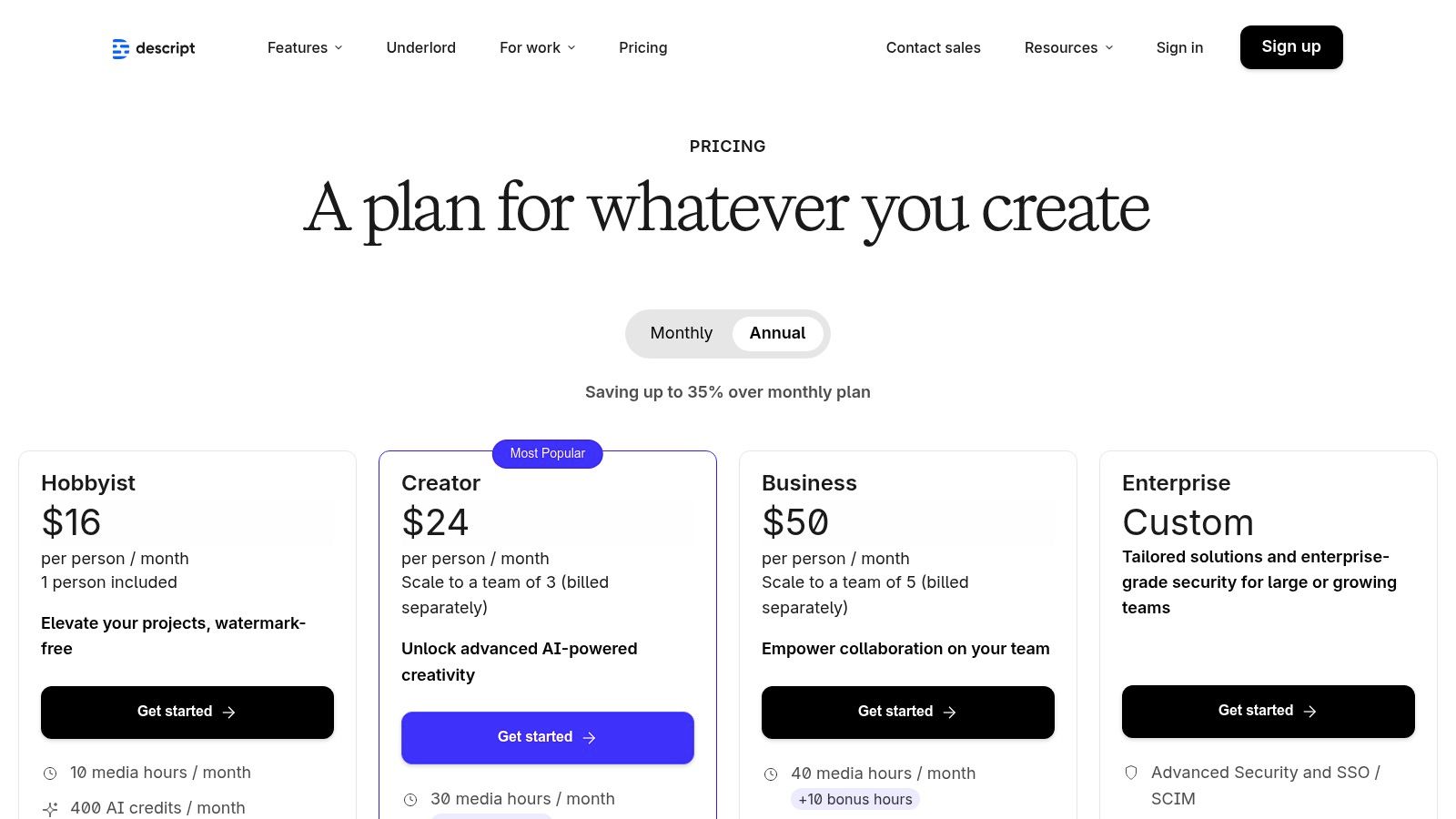 Descript pricing plans showing its free and paid tiers