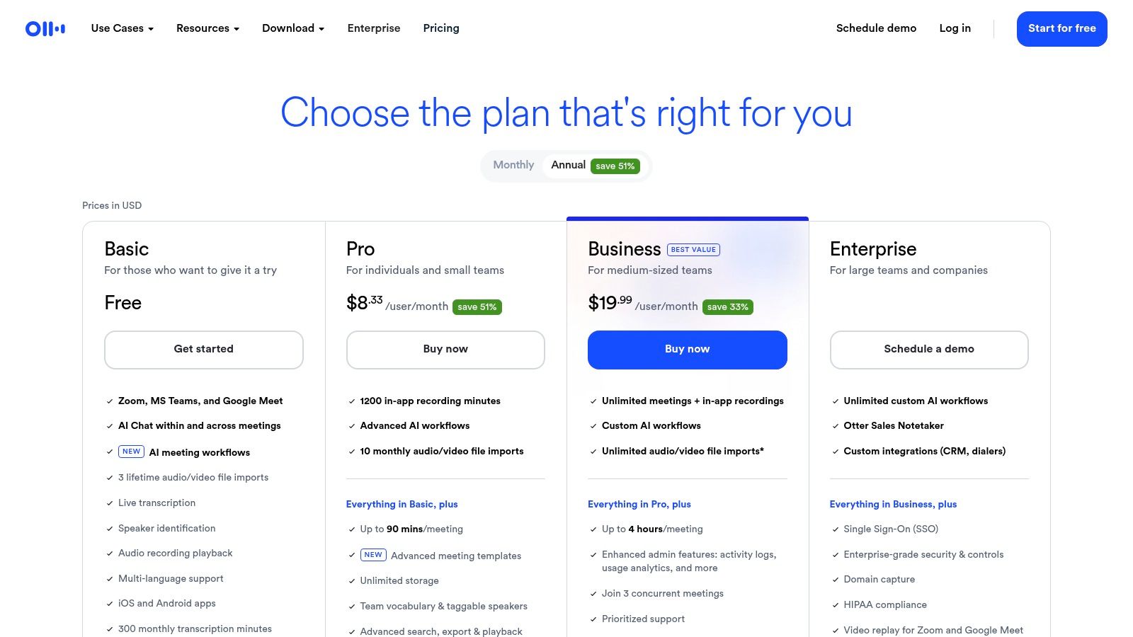 Otter.ai pricing plans showing its free and paid tiers