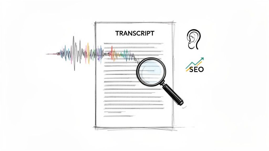 Audio waveform converting to a document labeled 'TRANSCRIPT' with a magnifying glass, ear, and SEO icons.
