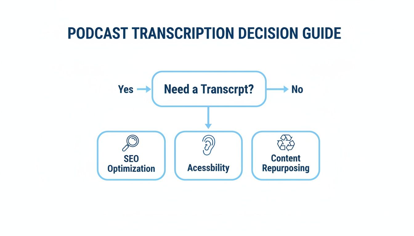 Flowchart showing a podcast transcription decision guide, highlighting benefits like SEO, accessibility, and content repurposing.