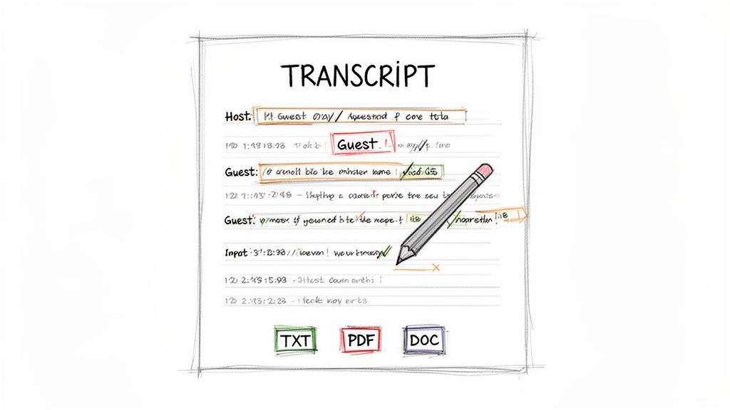 A handwritten transcript document with speaker labels, timestamps, and editing marks, offering export options.