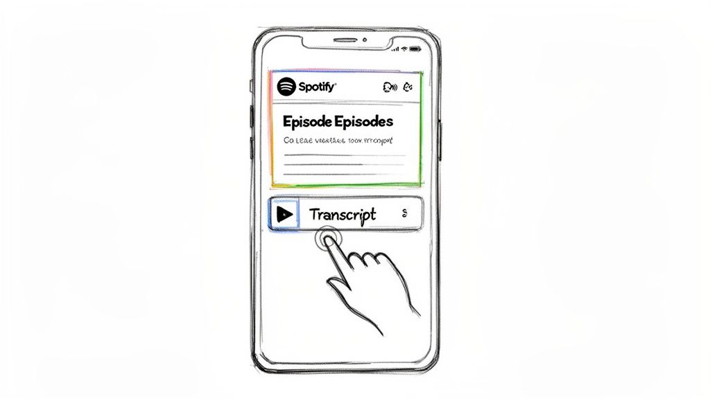 A hand taps the 'Transcript' button on a Spotify podcast screen on a mobile phone.