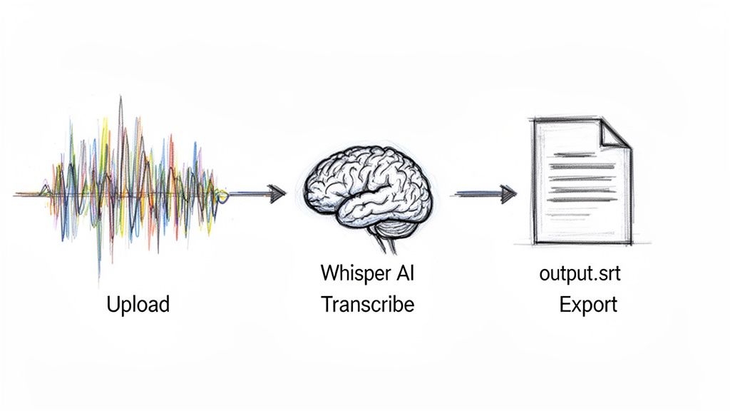 Workflow diagram showing audio input, Whisper AI transcription, and SRT file output.