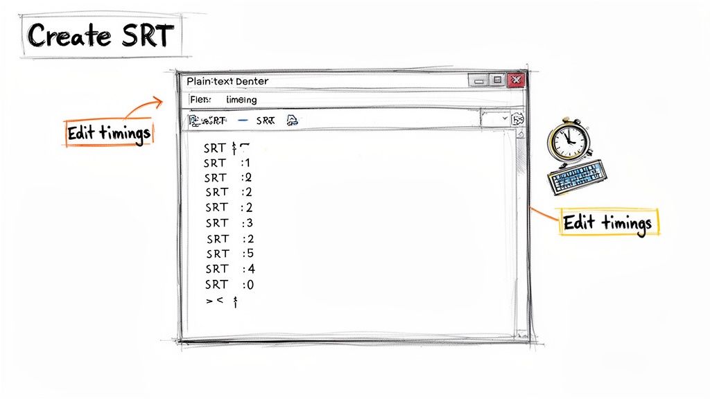 Sketch illustrating SRT subtitle creation and timing editing using a plain-text editor, stopwatch, and keyboard.
