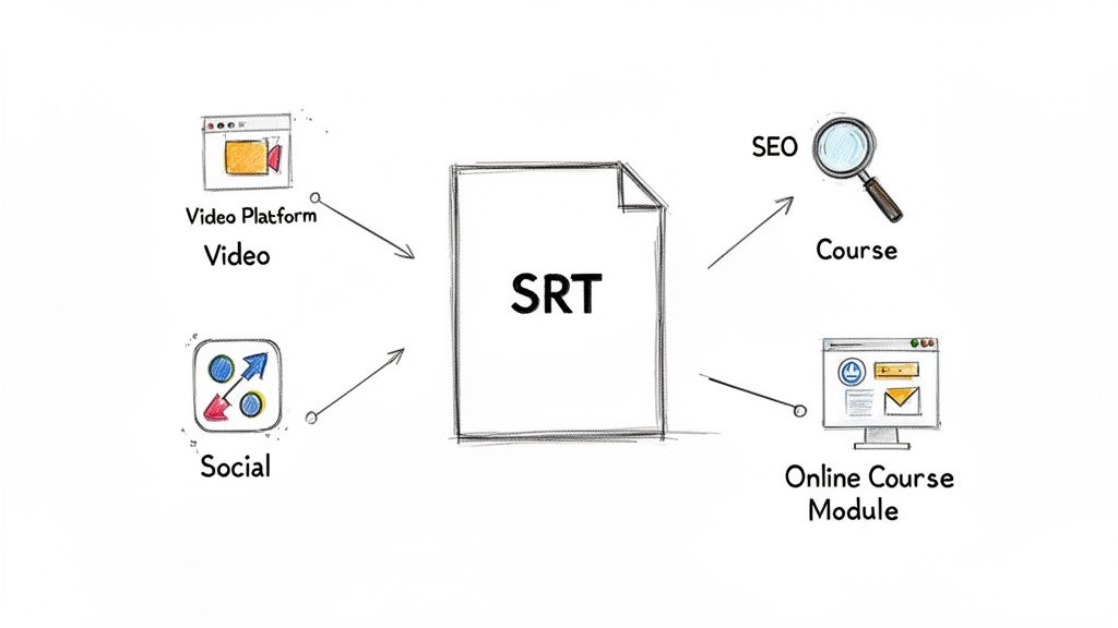 Diagram illustrating SRT file integration with video platforms, social media, SEO, and online courses.