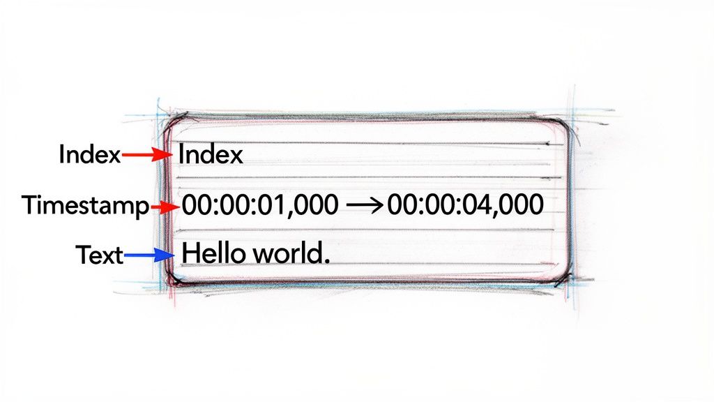 Illustration showing the structure of an SRT subtitle entry with index, timestamp range, and text content.