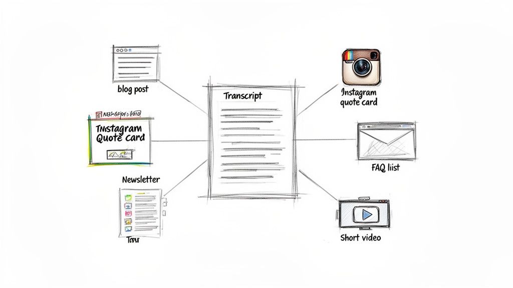 Diagram showing a transcript being repurposed into a blog post, Instagram cards, FAQ list, newsletter, and short video.