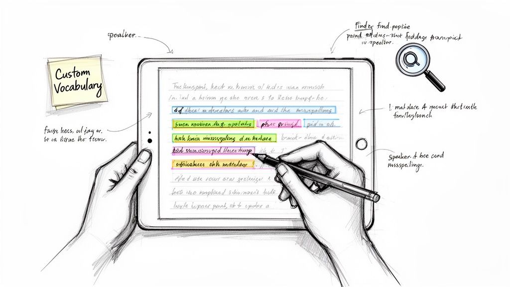 Hands using a stylus on a tablet displaying transcribed text with highlights and feature annotations.