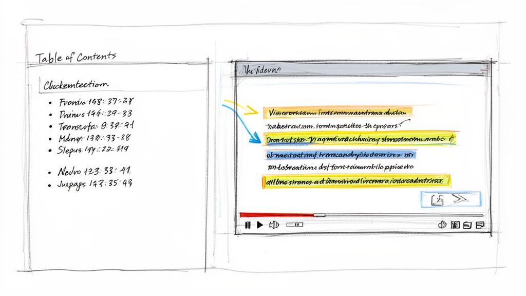 A hand-drawn sketch of a video player interface with a table of contents and highlighted text sections.