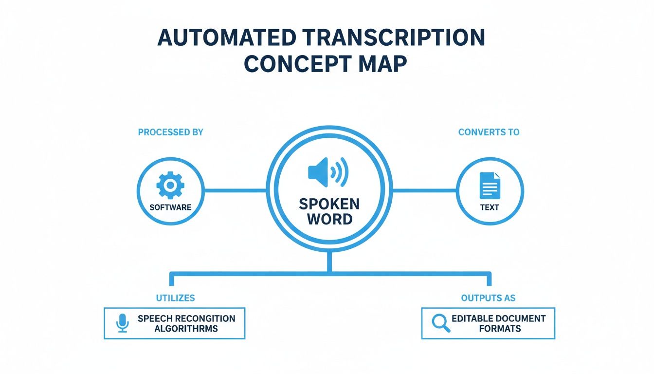 Automated Transcription Concept Map showing spoken word processed by software into editable text.