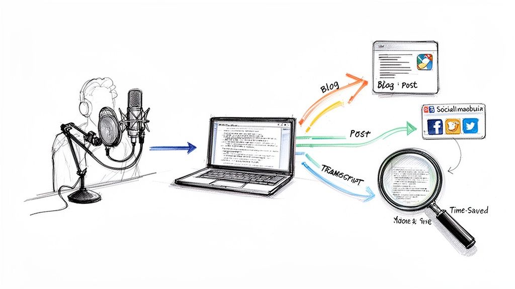 A diagram illustrating audio content transcribed on a laptop for blog posts, social media, and searchable transcripts.