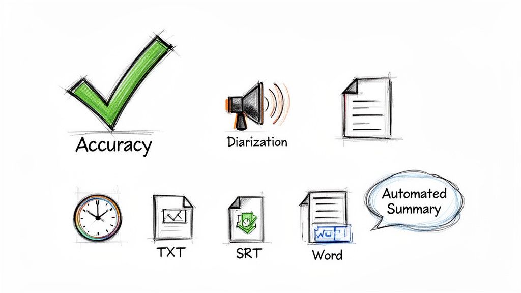 Icons representing features of automated transcription software: accuracy, diarization, various output formats, and automated summary.