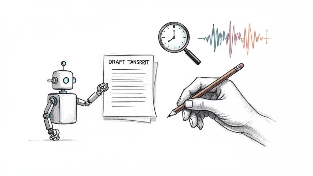 Illustration of AI transcription workflow: robot, sound waves, magnifying glass, and human editing draft.