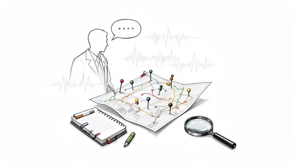 A sketch of a person observing a map with pins, a notebook, and a magnifying glass, symbolizing qualitative research.