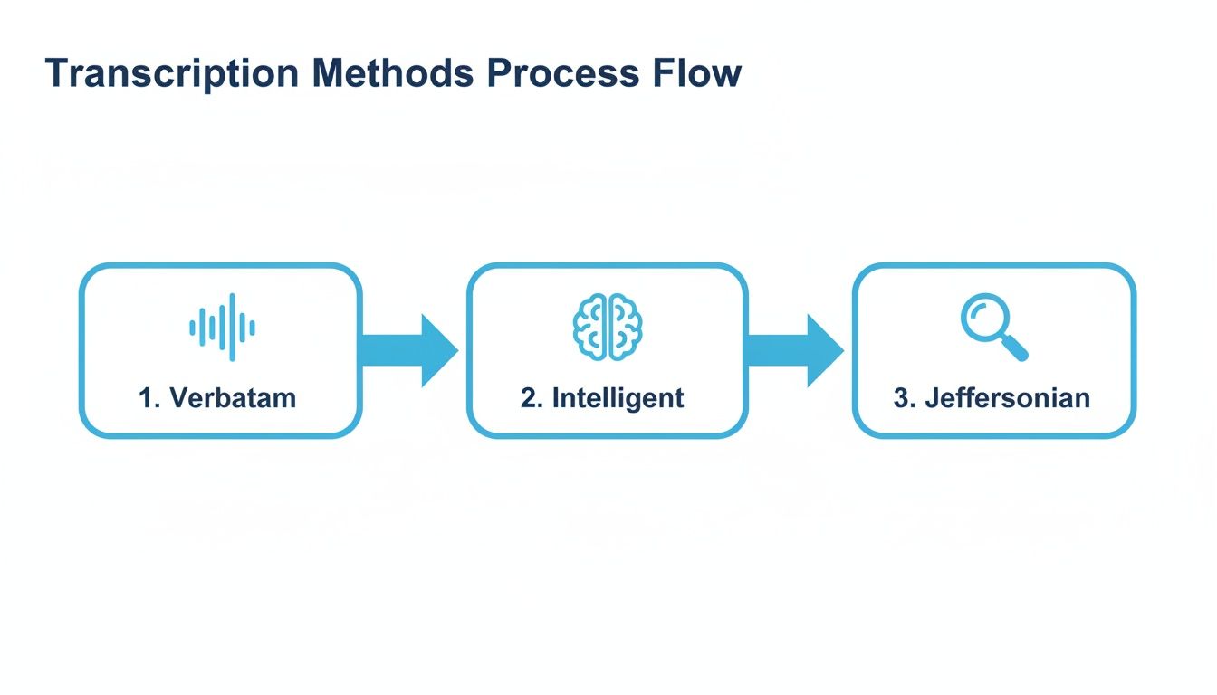 A process flow diagram illustrates three transcription methods: Verbatim, Intelligent, and Jeffersonian.
