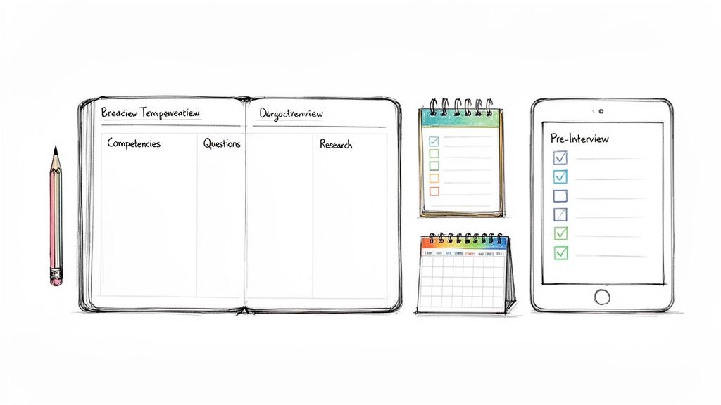 A detailed interview preparation setup, featuring a notebook, calendar, and a tablet with pre-interview checklists.