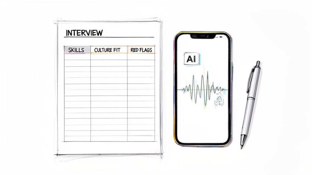 A sketch of an interview form next to a smartphone displaying AI voice analysis and a pen.