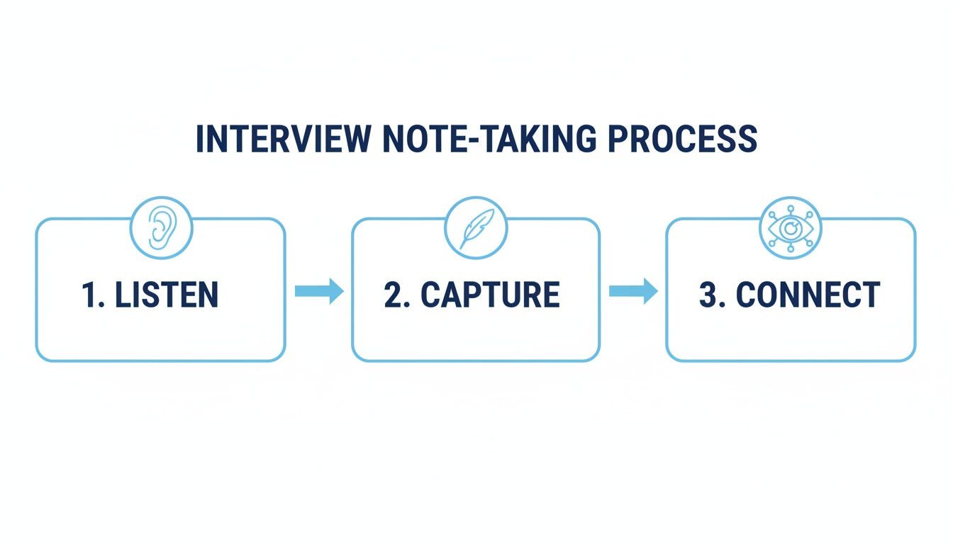 A process diagram showing interview note-taking steps: listen (ear), capture (pen), and connect (eye/brain icon).