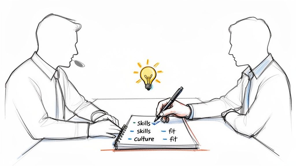 Two individuals in a business meeting, one taking notes on skills, culture, and fit with a lightbulb idea.