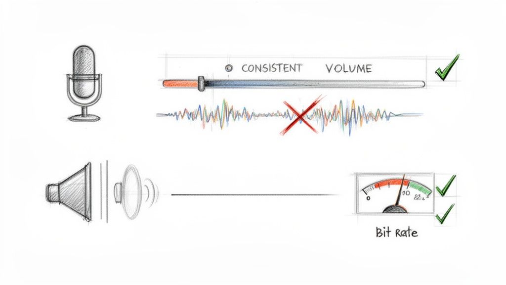 Sketches illustrating audio processing: consistent volume control and optimal bit rate for quality sound.