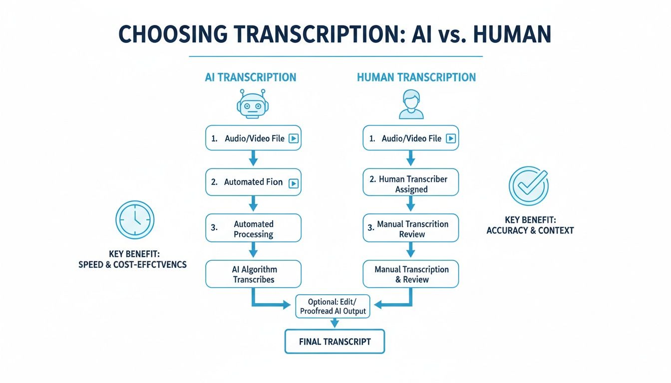 Flowchart comparing AI transcription and human transcription processes, detailing steps and key benefits.