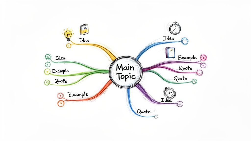 A vibrant hand-drawn mind map displaying a central topic with multiple branching ideas, examples, and quotes.