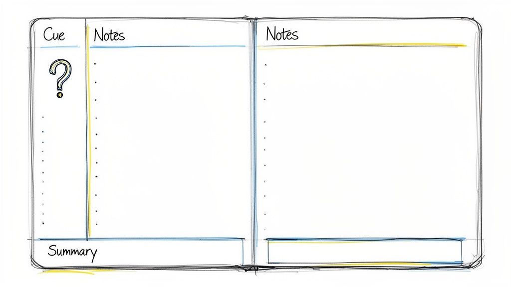 A hand-drawn Cornell note-taking template across two notebook pages with sections for cues, notes, and summary.