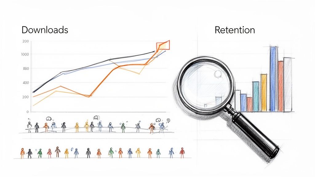 A sketch showing downloads line graphs, stick figures, and a retention bar chart with a magnifying glass.