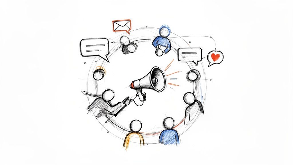 An illustration of a megaphone broadcasting to a circular audience with social media interactions.