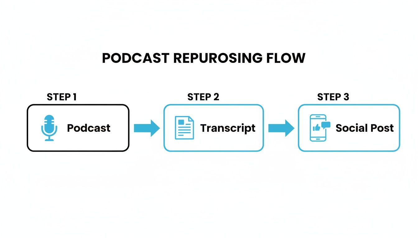 A diagram illustrating the podcast repurposing flow from original podcast to transcript and finally to a social post.