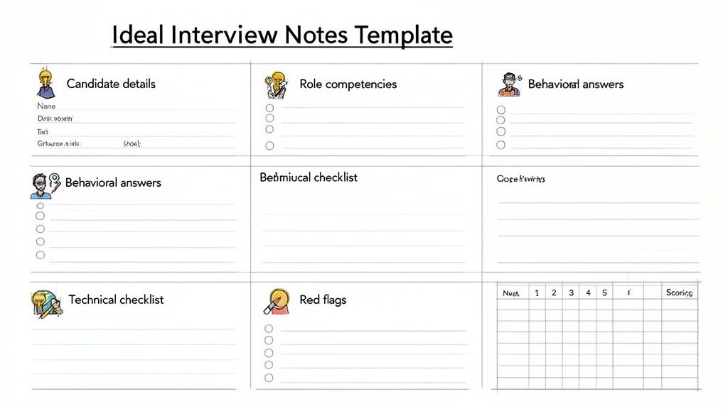 An ideal interview notes template featuring sections for candidate details, role competencies, behavioral answers, and scoring.