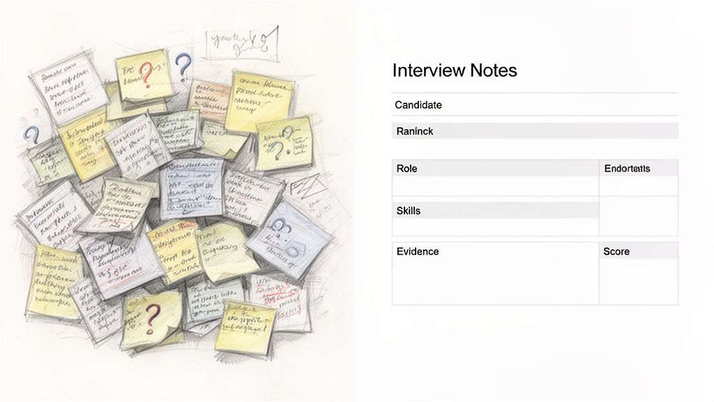 A drawing of chaotic handwritten sticky notes next to a structured digital interview notes template.
