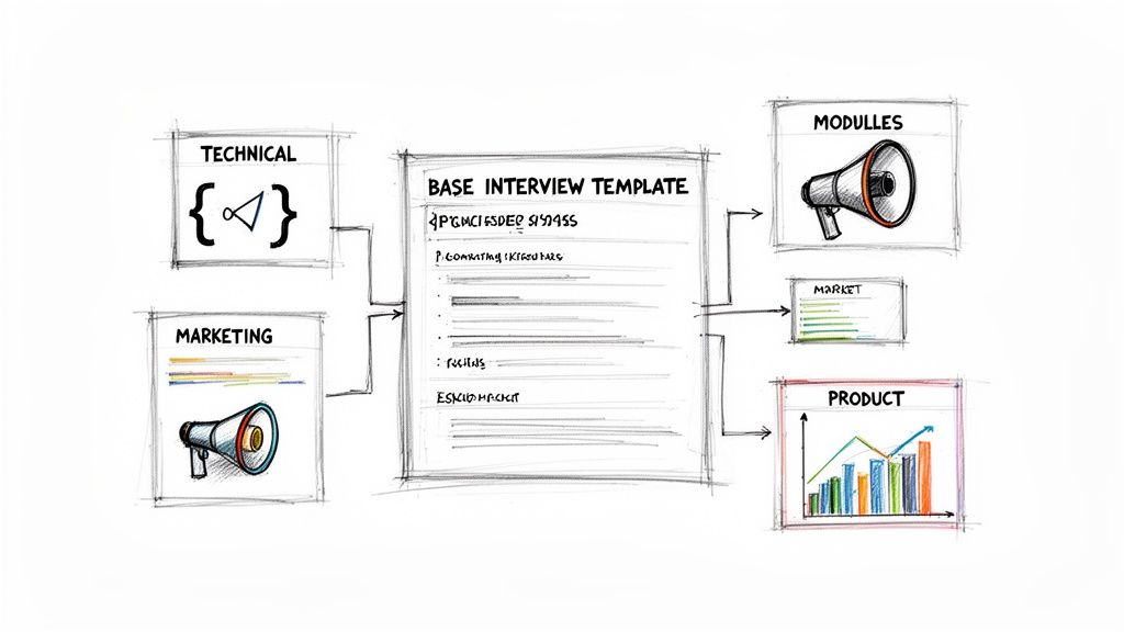 Hand-drawn diagram of a 'Base Interview Template' connecting to Technical, Marketing, Modules, Market, and Product departments.