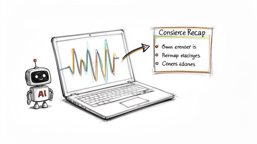 An AI robot next to a laptop displaying data waves and a 'Consience Recap' note.