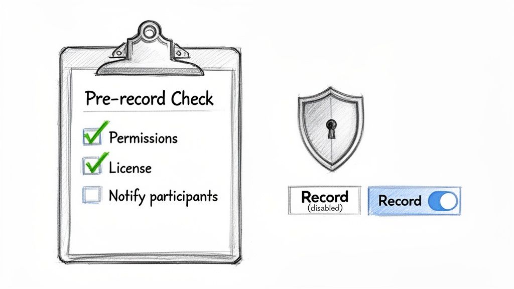A pre-record checklist with permissions and license approved, alongside a security shield and record toggle.