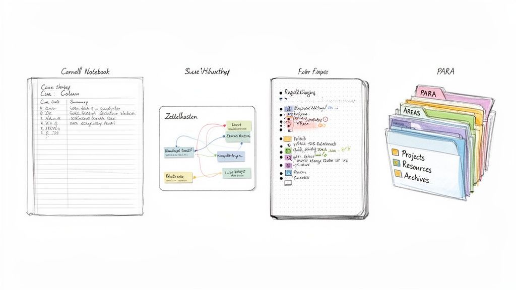 Four distinct note-taking and information organization systems, including Cornell, Zettelkasten, Fabes Frames, and PARA folders.