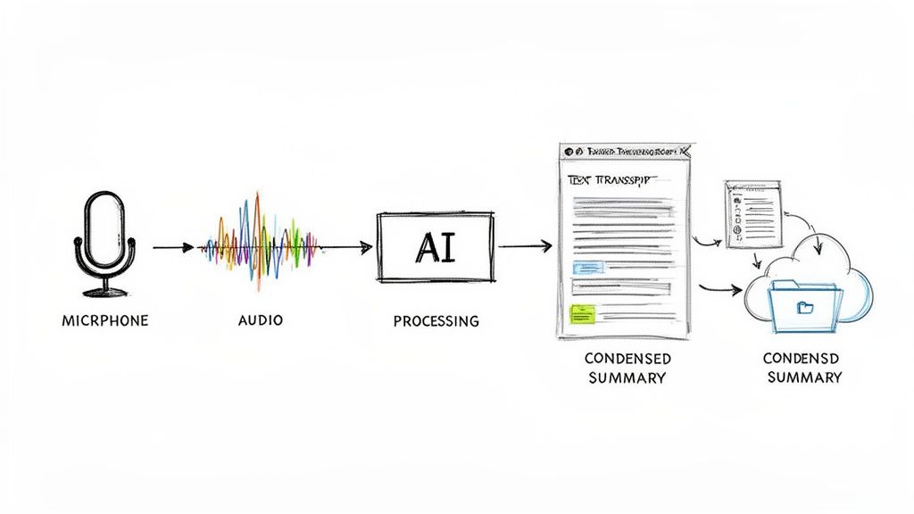 An AI workflow visualizes audio input from a microphone, processing it into a text transcript and condensed summary stored in the cloud.